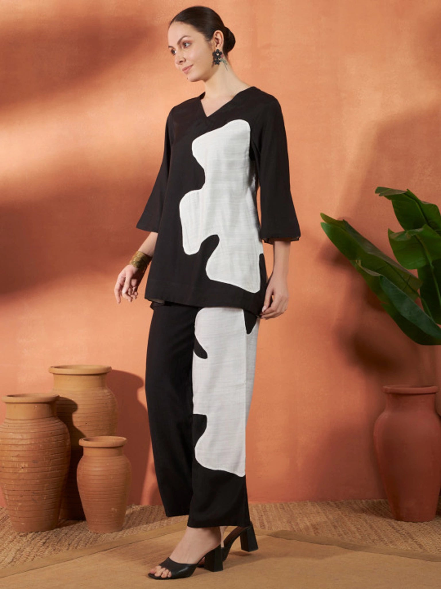 Black & White Abstract Print Co-Ord Set for Women