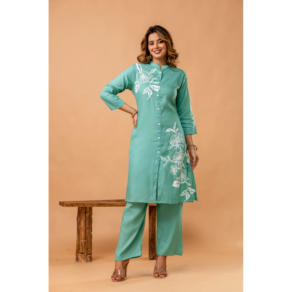 Elegant Sea Green Floral Front-Slit Kurta Set