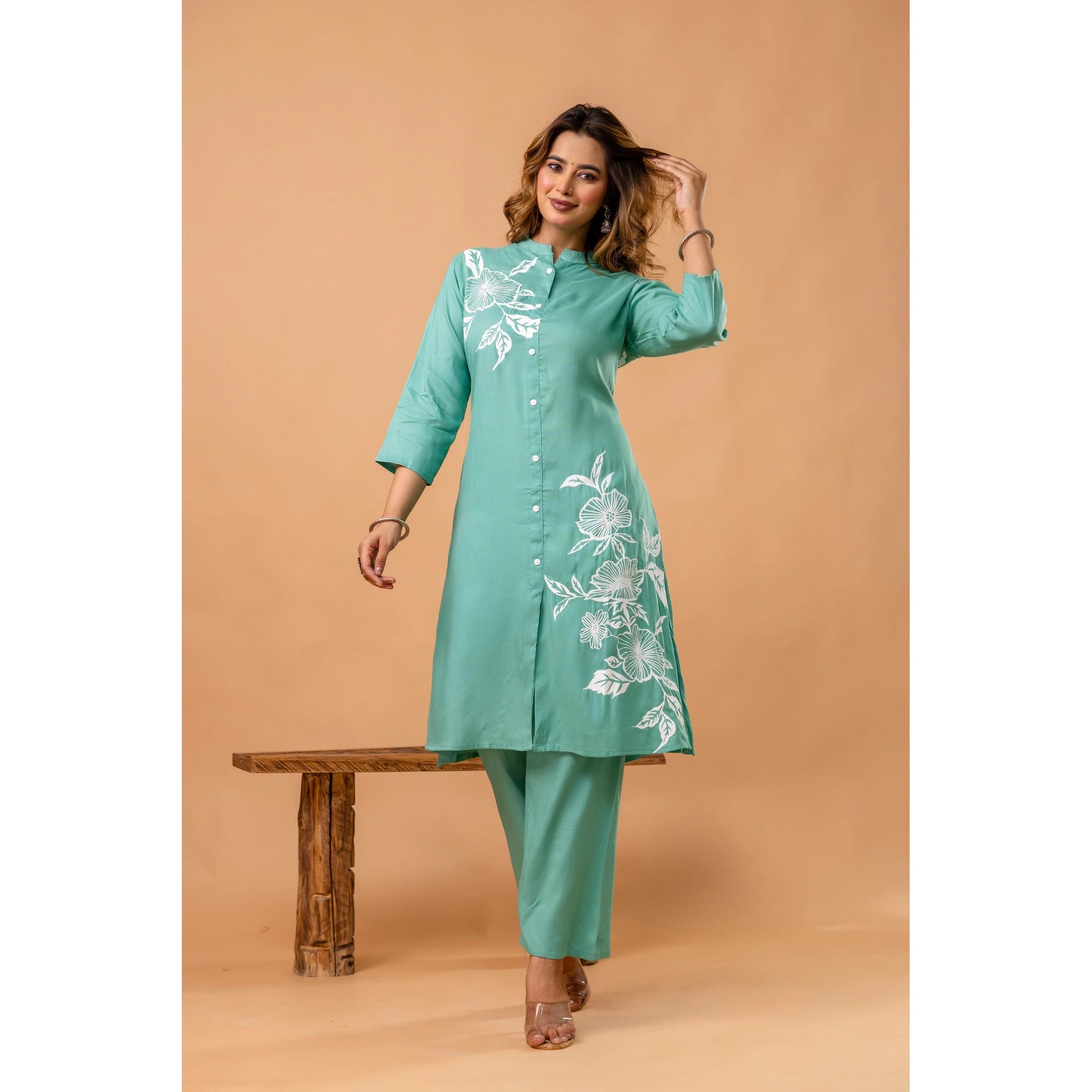 Elegant Sea Green Floral Front-Slit Kurta Set