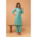 Elegant Sea Green Floral Front-Slit Kurta Set