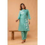 Elegant Sea Green Floral Front-Slit Kurta Set