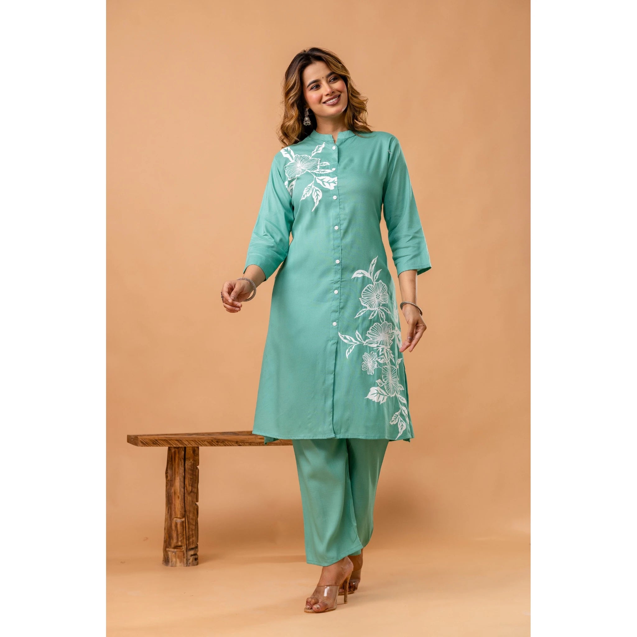 Elegant Sea Green Floral Front-Slit Kurta Set
