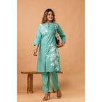 Elegant Sea Green Floral Front-Slit Kurta Set