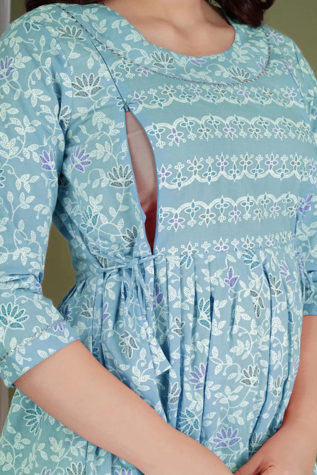 Sky Blue Floral Maternity & Nursing Dress with Concealed Feeding Zip