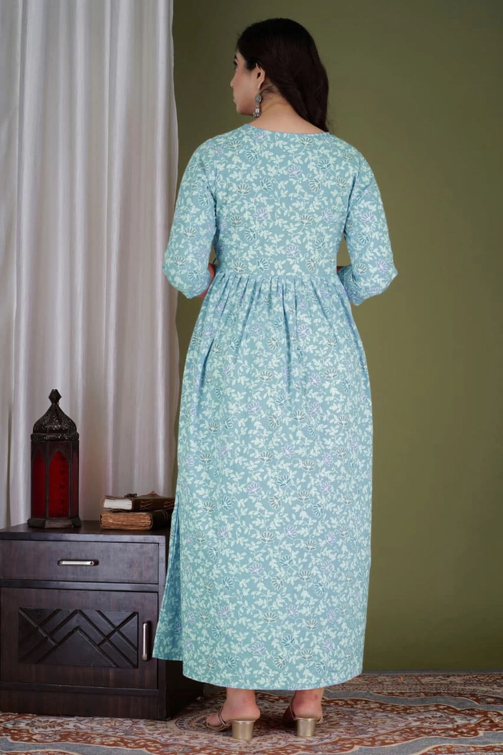 Sky Blue Floral Maternity & Nursing Dress with Concealed Feeding Zip