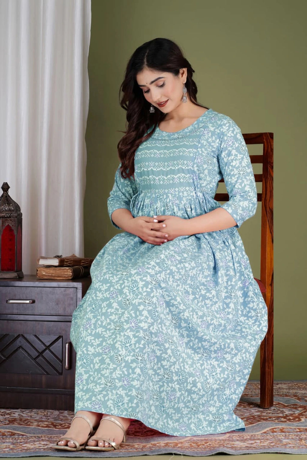 Sky Blue Floral Maternity & Nursing Dress with Concealed Feeding Zip