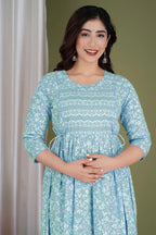 Sky Blue Floral Maternity & Nursing Dress with Concealed Feeding Zip