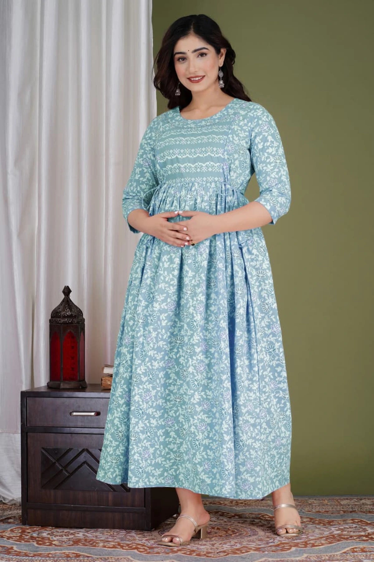 Sky Blue Floral Maternity & Nursing Dress with Concealed Feeding Zip