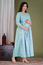 Sky Blue Floral Maternity & Nursing Dress with Concealed Feeding Zip