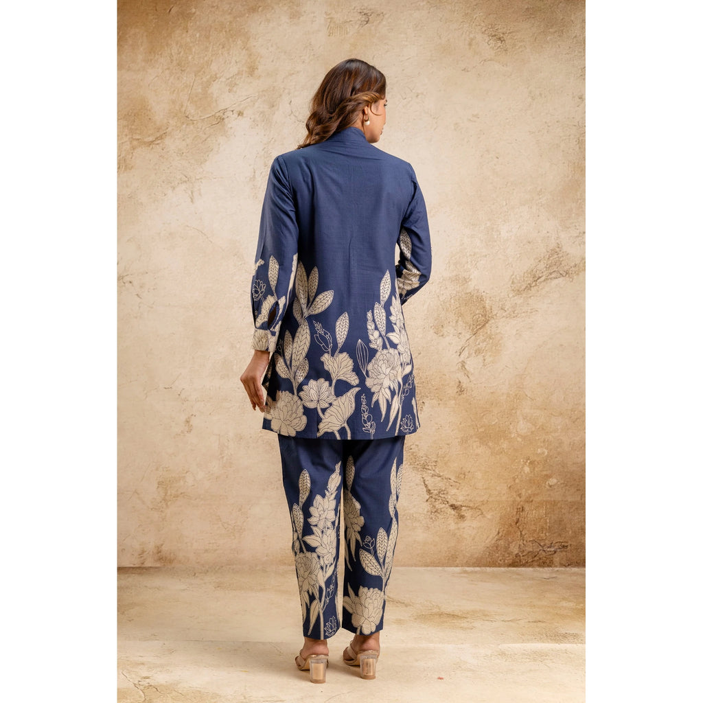 Elegant Women's Blue Floral Printed Cotton Coord Set