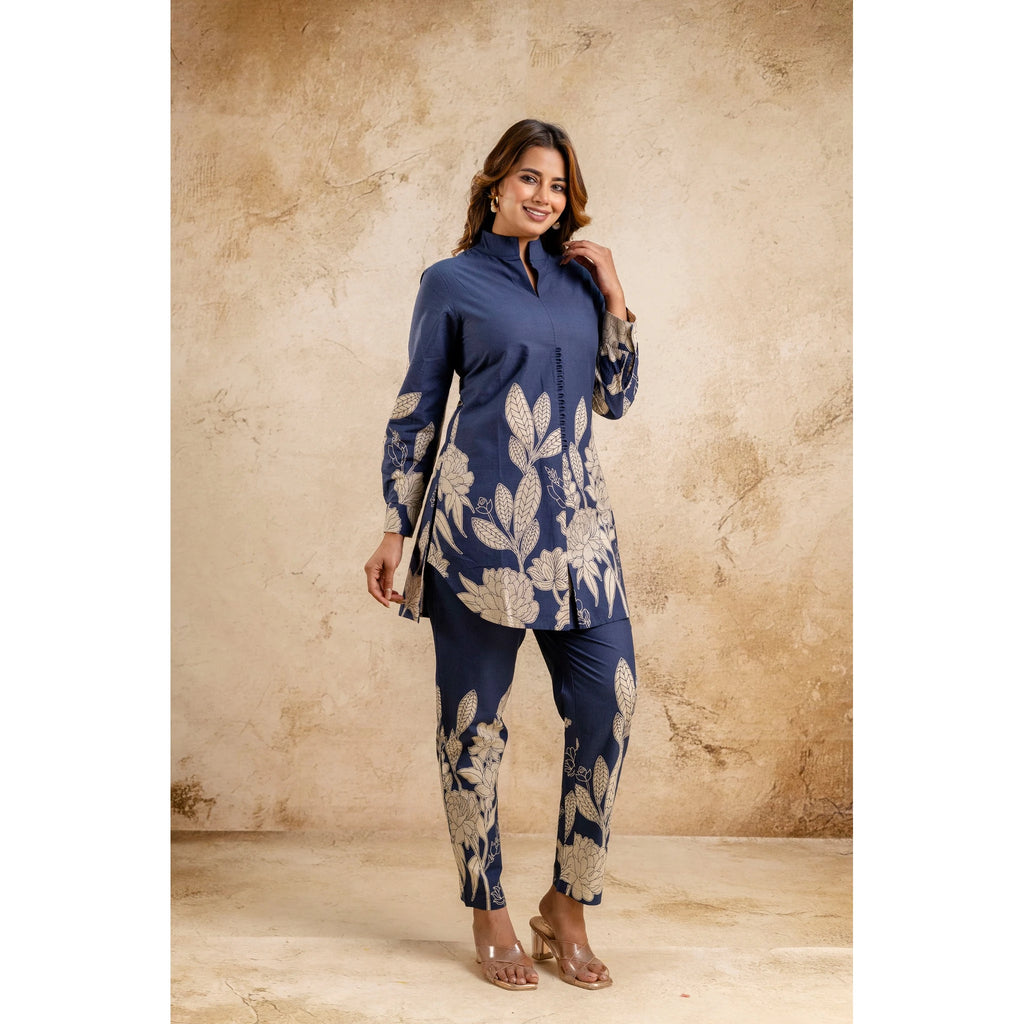 Elegant Women's Blue Floral Printed Cotton Coord Set