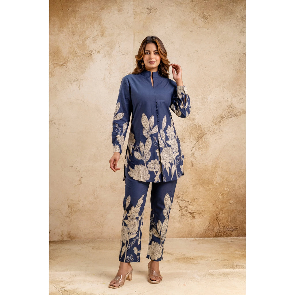 Elegant Women's Blue Floral Printed Cotton Coord Set