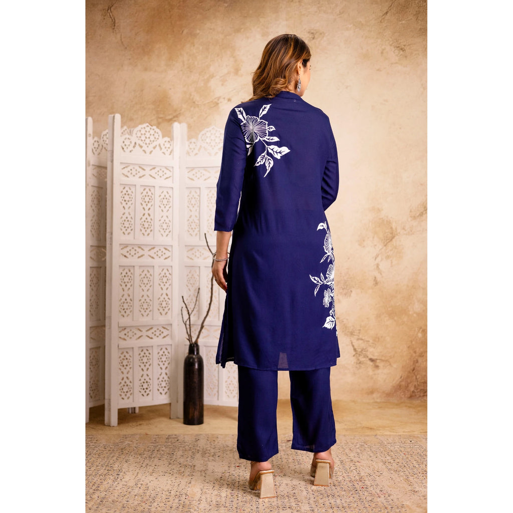 Navy Cotton Floral Cord Set - Button-Down Top and Pants