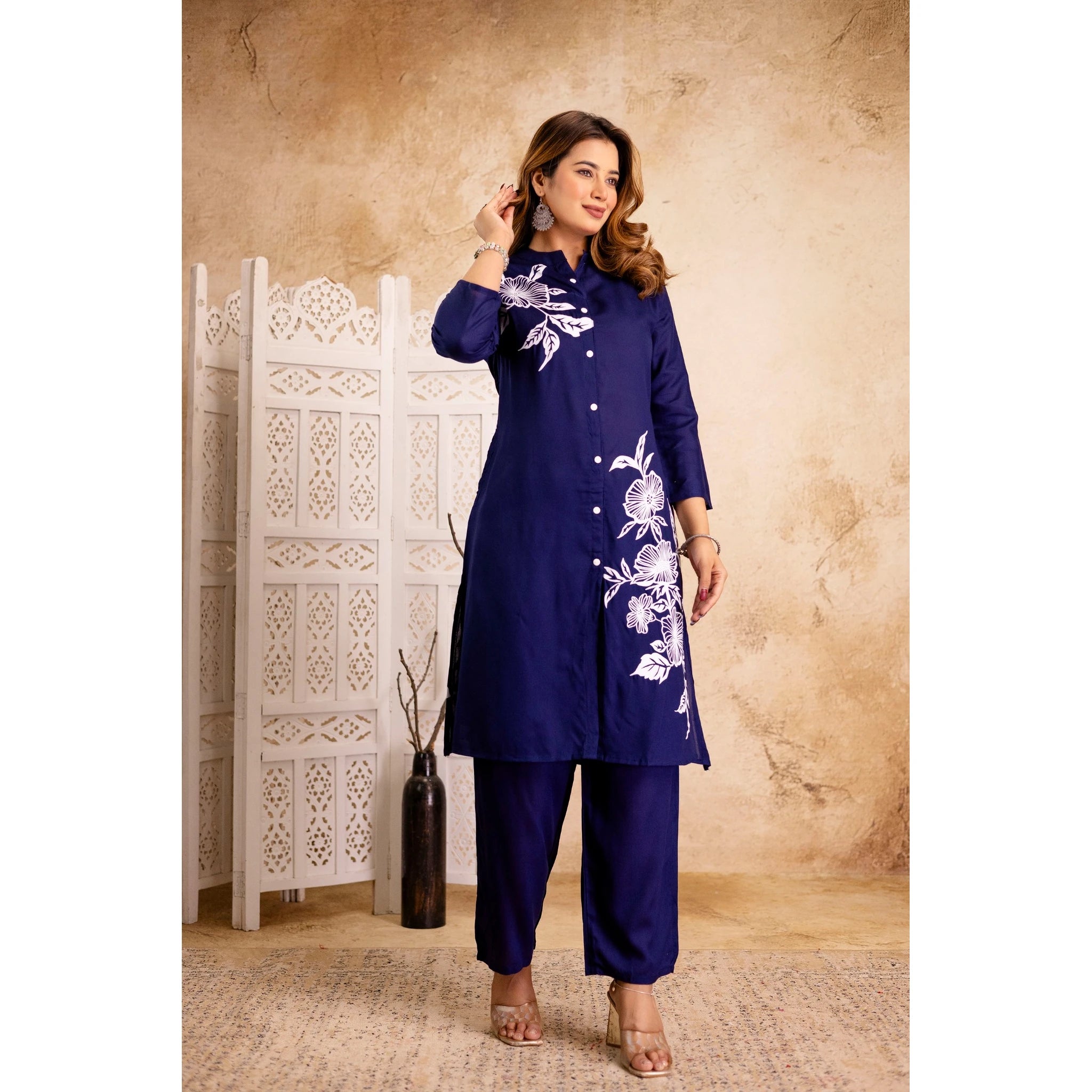 Navy Cotton Floral Cord Set - Button-Down Top and Pants