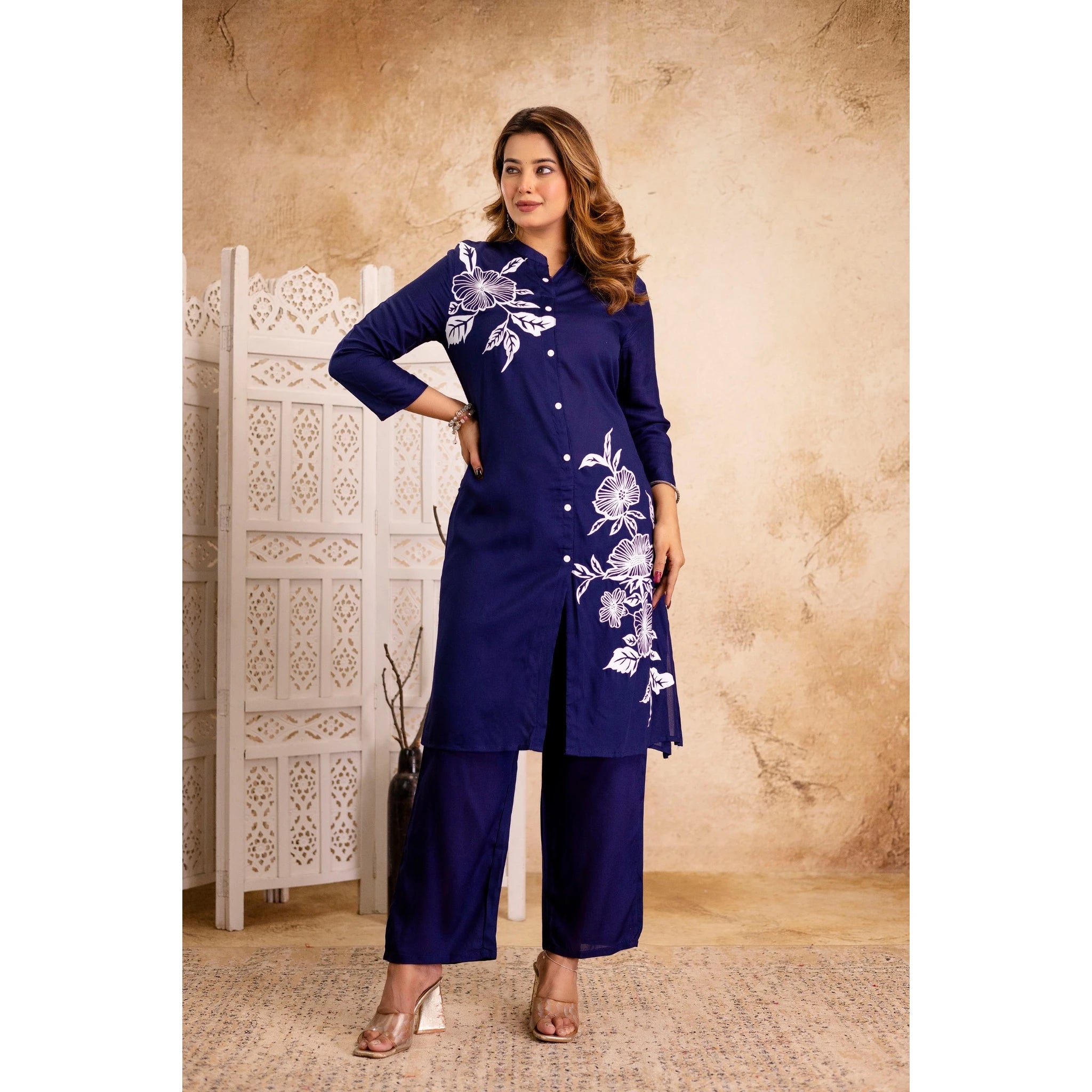 Navy Cotton Floral Cord Set - Button-Down Top and Pants