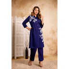 Navy Cotton Floral Cord Set - Button-Down Top and Pants