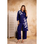 Navy Cotton Floral Cord Set - Button-Down Top and Pants