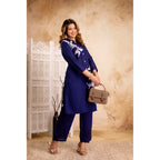 Navy Cotton Floral Cord Set - Button-Down Top and Pants