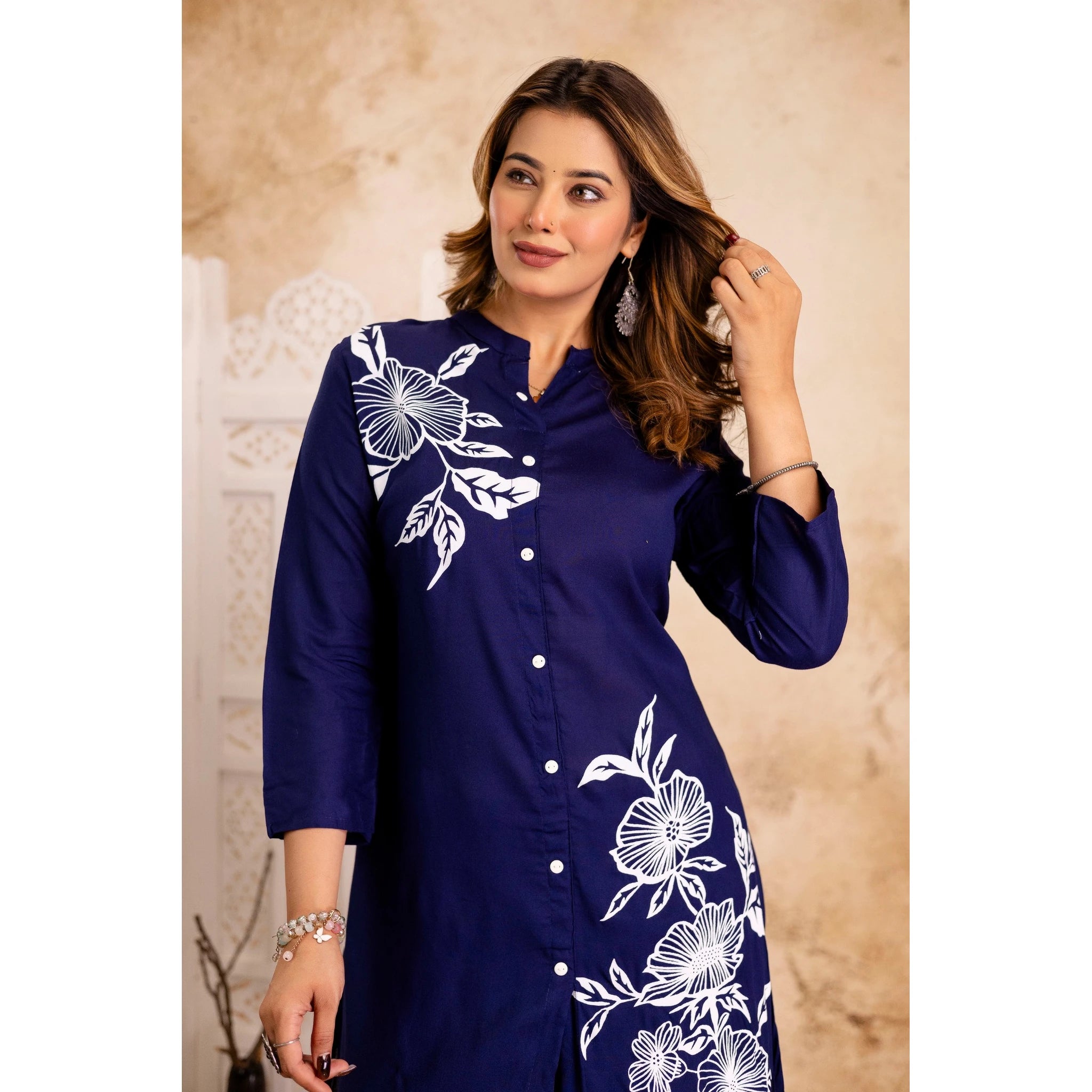 Navy Cotton Floral Cord Set - Button-Down Top and Pants