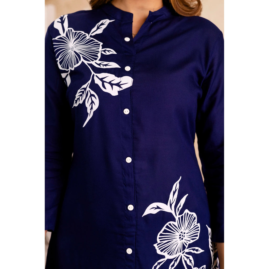 Navy Cotton Floral Cord Set - Button-Down Top and Pants