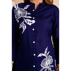 Navy Cotton Floral Cord Set - Button-Down Top and Pants