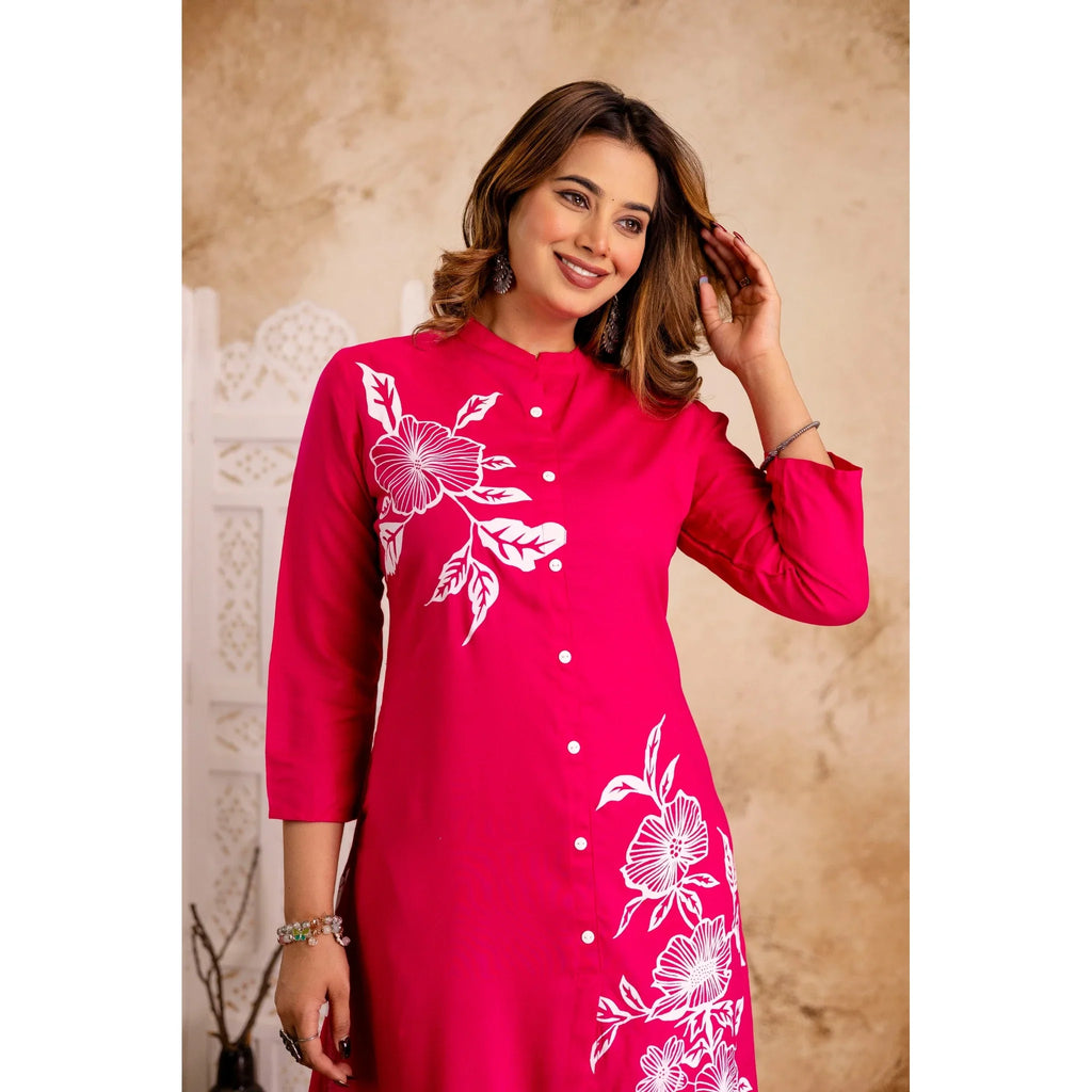 Elegant Rayon Kurta & Pant Set – Fuchsia with White Floral Print
