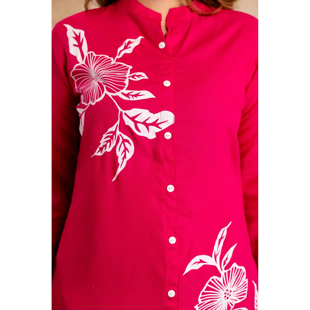 Elegant Rayon Kurta & Pant Set – Fuchsia with White Floral Print