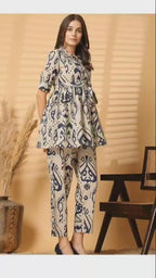 "Beige & Navy Abstract Printed Co-ord Set for Women – Stylish Shirt Top with Pants"