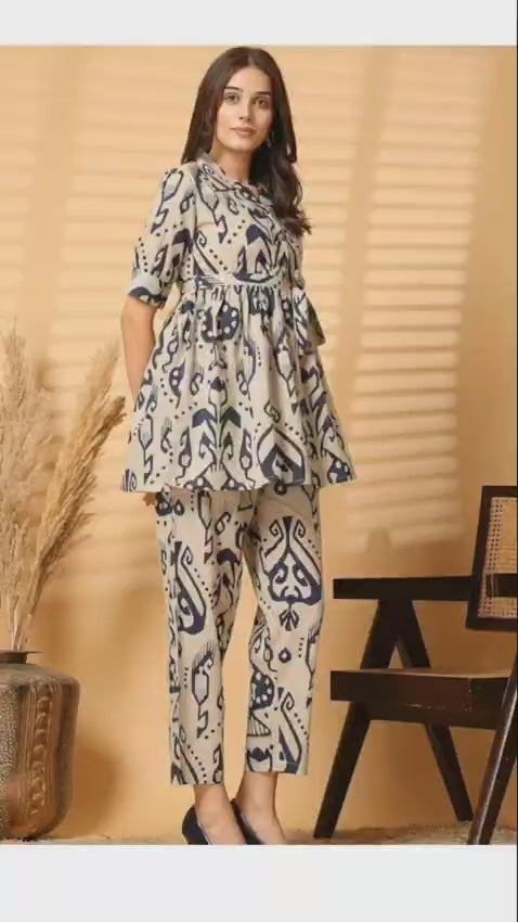 "Beige & Navy Abstract Printed Co-ord Set for Women – Stylish Shirt Top with Pants"