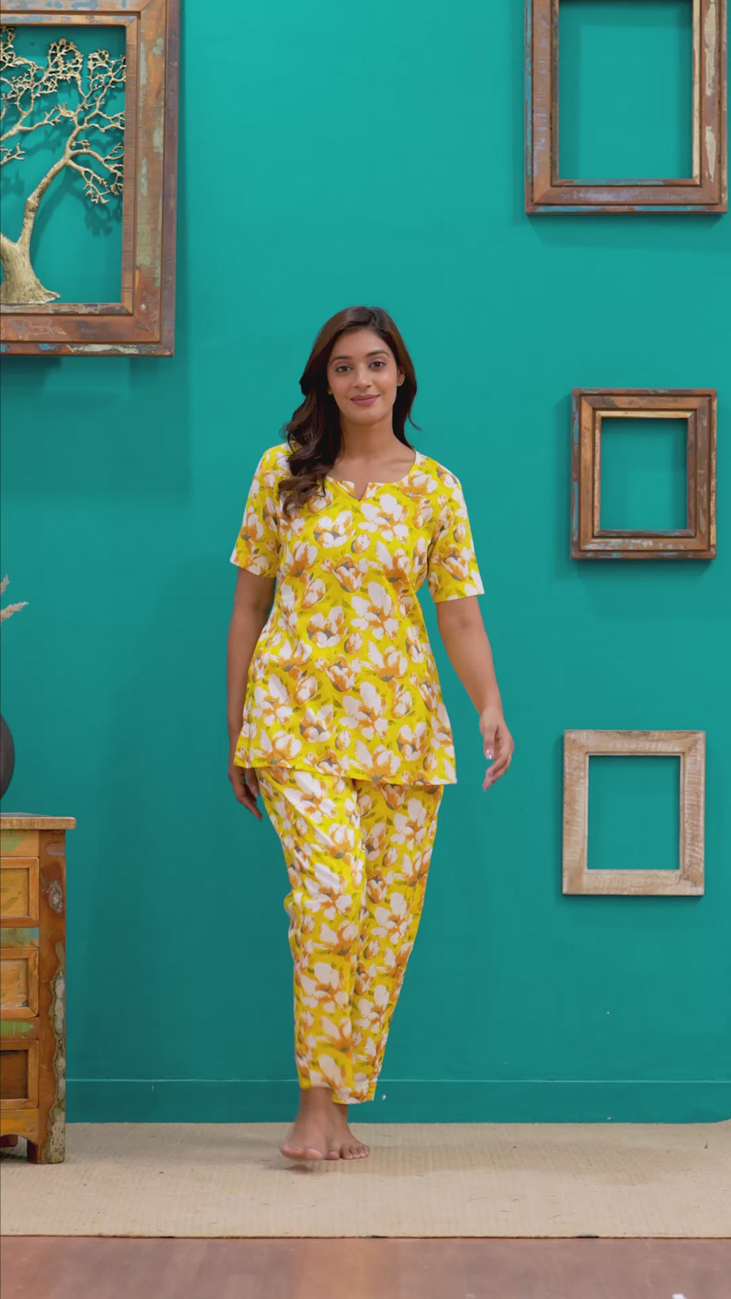 Yellow Floral Cotton Night Suit for Women