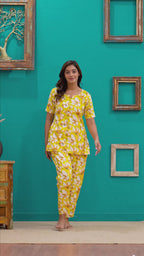 Yellow Floral Cotton Night Suit for Women