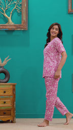 Elegant Pink Floral Cotton Night Suit