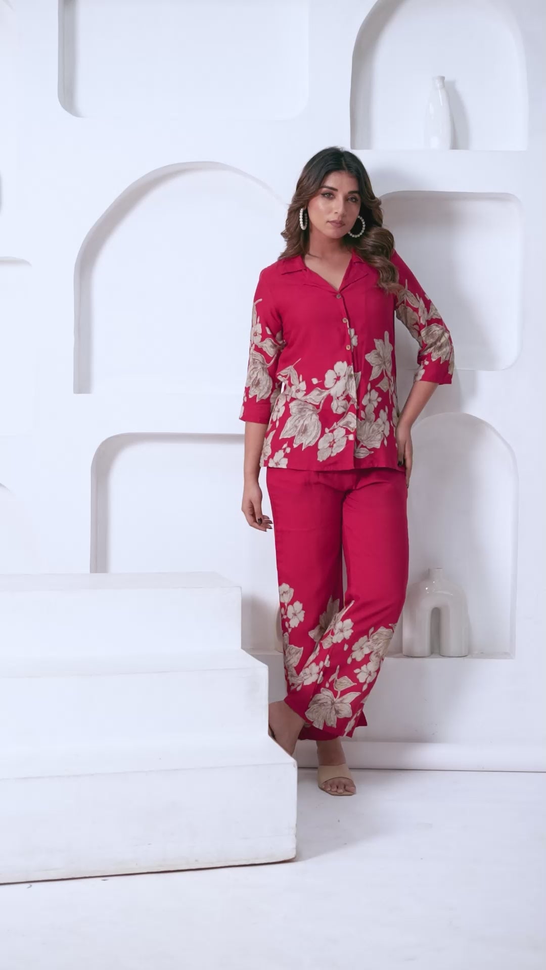 Women’s Pink Floral Printed Rayon Co-Ord Set – Shirt Style Top & Straight Pants