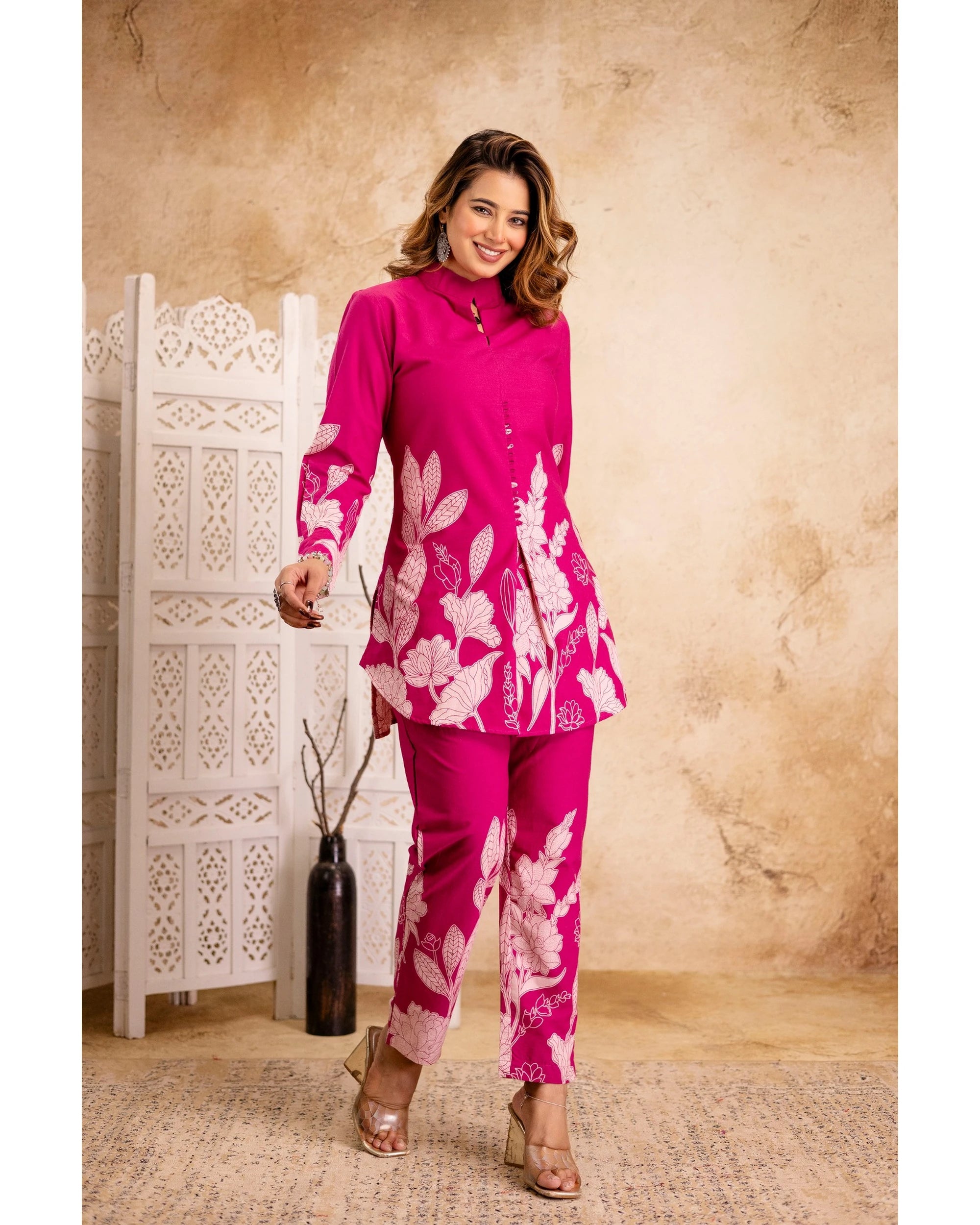 Fuchsia Floral Printed Cotton Coord Set