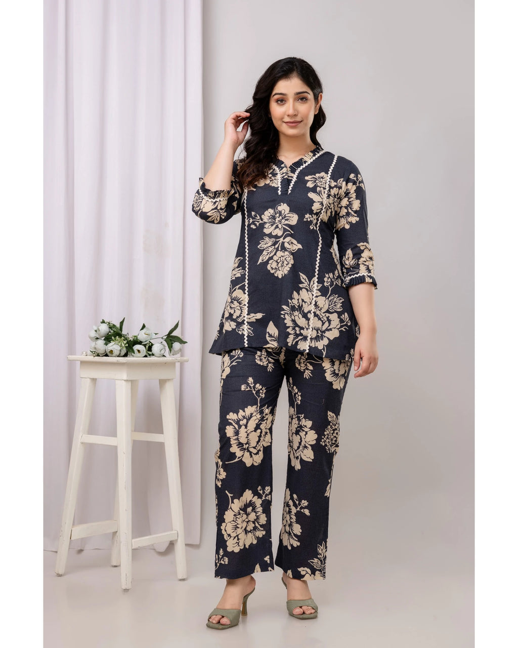Navy Floral Straight Fit Co-Ord Set