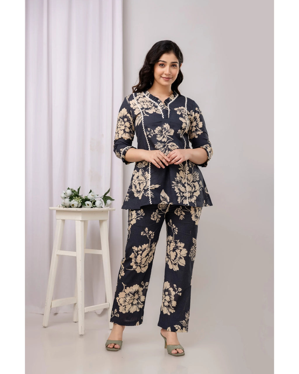 Navy Floral Straight Fit Co-Ord Set