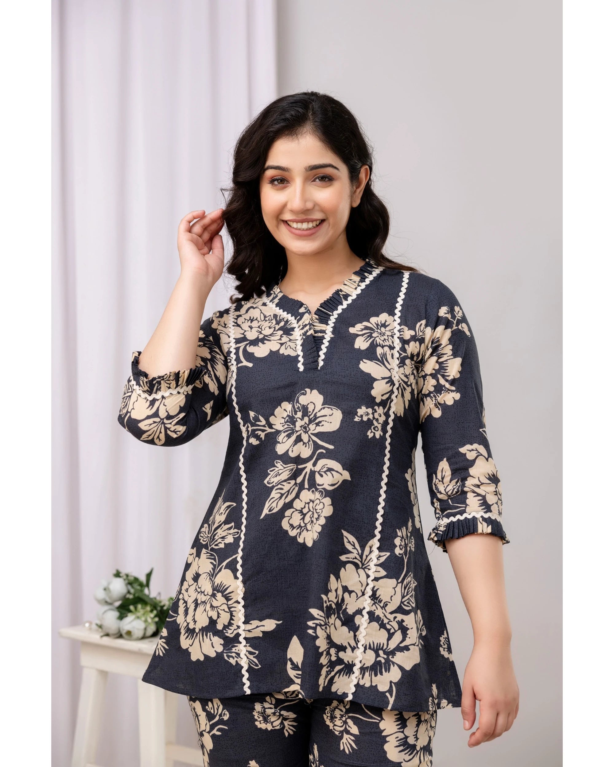 Navy Floral Straight Fit Co-Ord Set