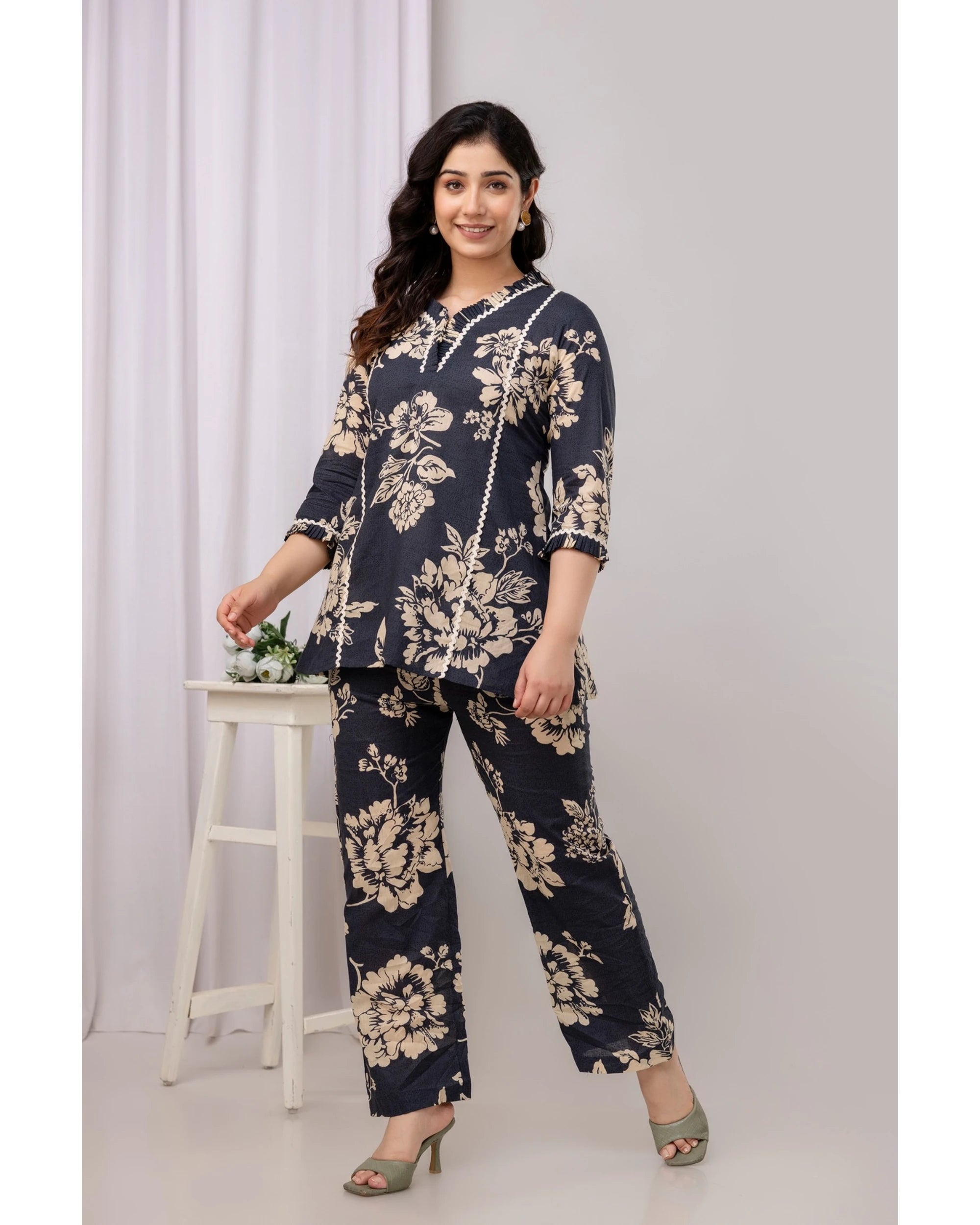 Navy Floral Straight Fit Co-Ord Set