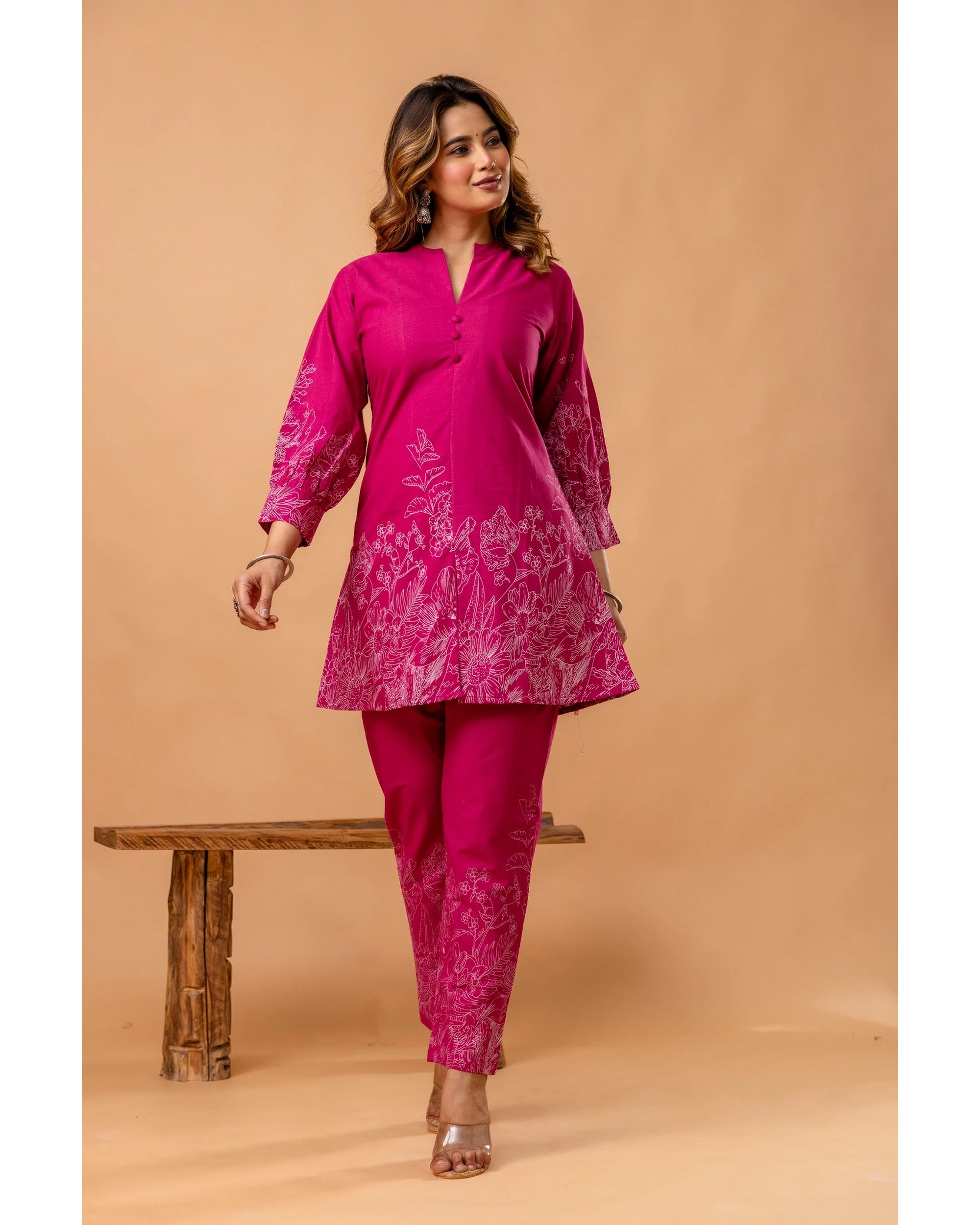 Vibrant Pink Floral Printed Cotton Coord Set