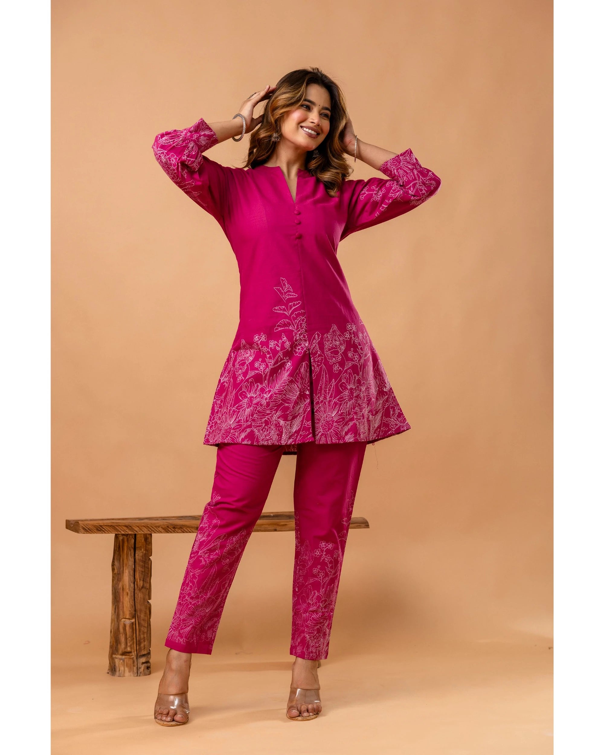 Vibrant Pink Floral Printed Cotton Coord Set