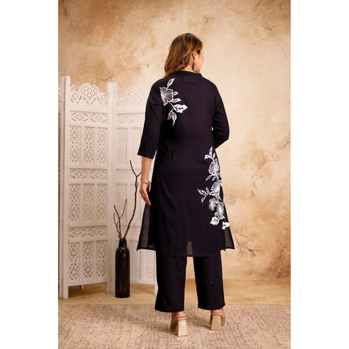 Black Floral Printed Rayon Kurta & Pant Set for Women