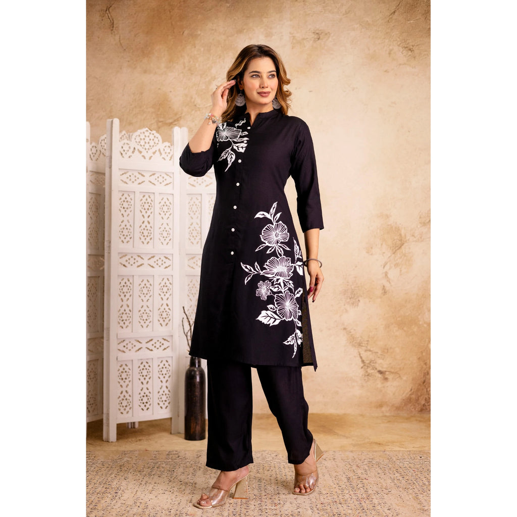 Black Floral Printed Rayon Kurta & Pant Set for Women