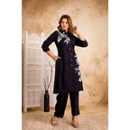 Black Floral Printed Rayon Kurta & Pant Set for Women