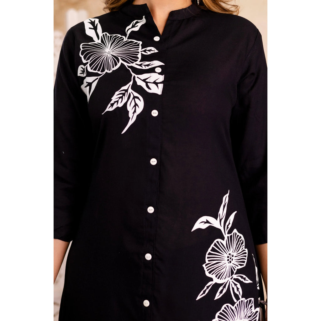 Black Floral Printed Rayon Kurta & Pant Set for Women