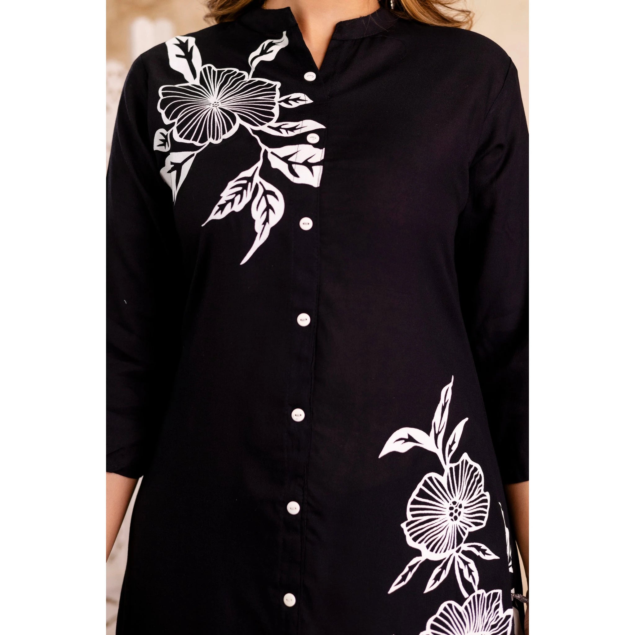 Black Floral Printed Rayon Kurta & Pant Set for Women