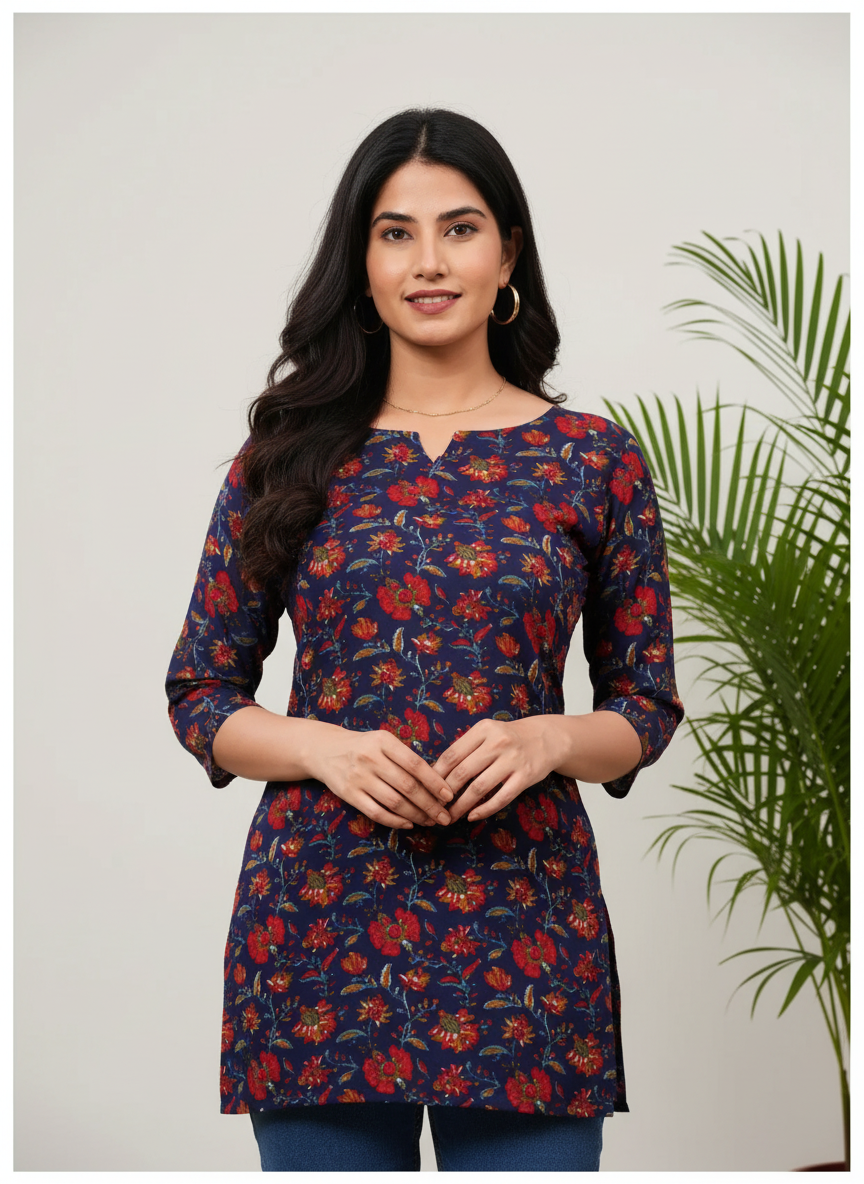 Navy Blue Floral Print Cotton Kurti Top for Women