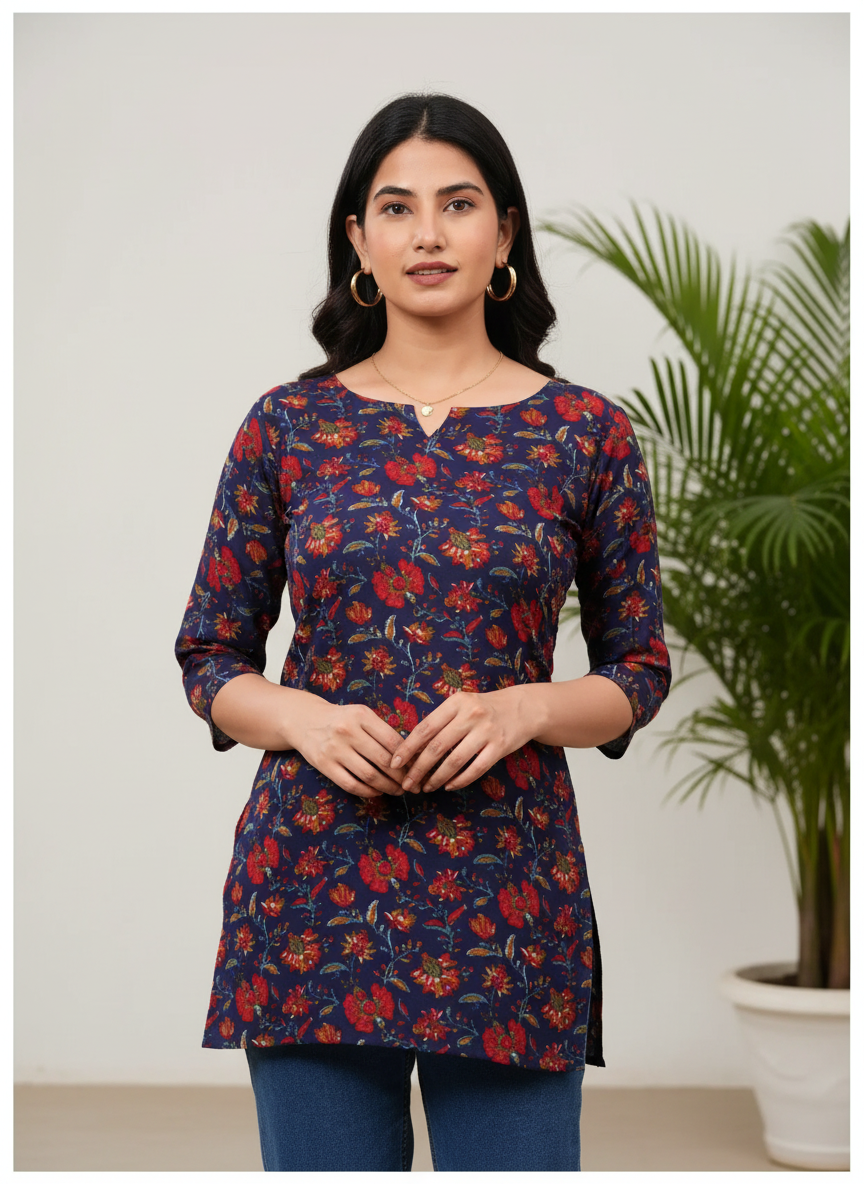 Navy Blue Floral Print Cotton Kurti Top for Women
