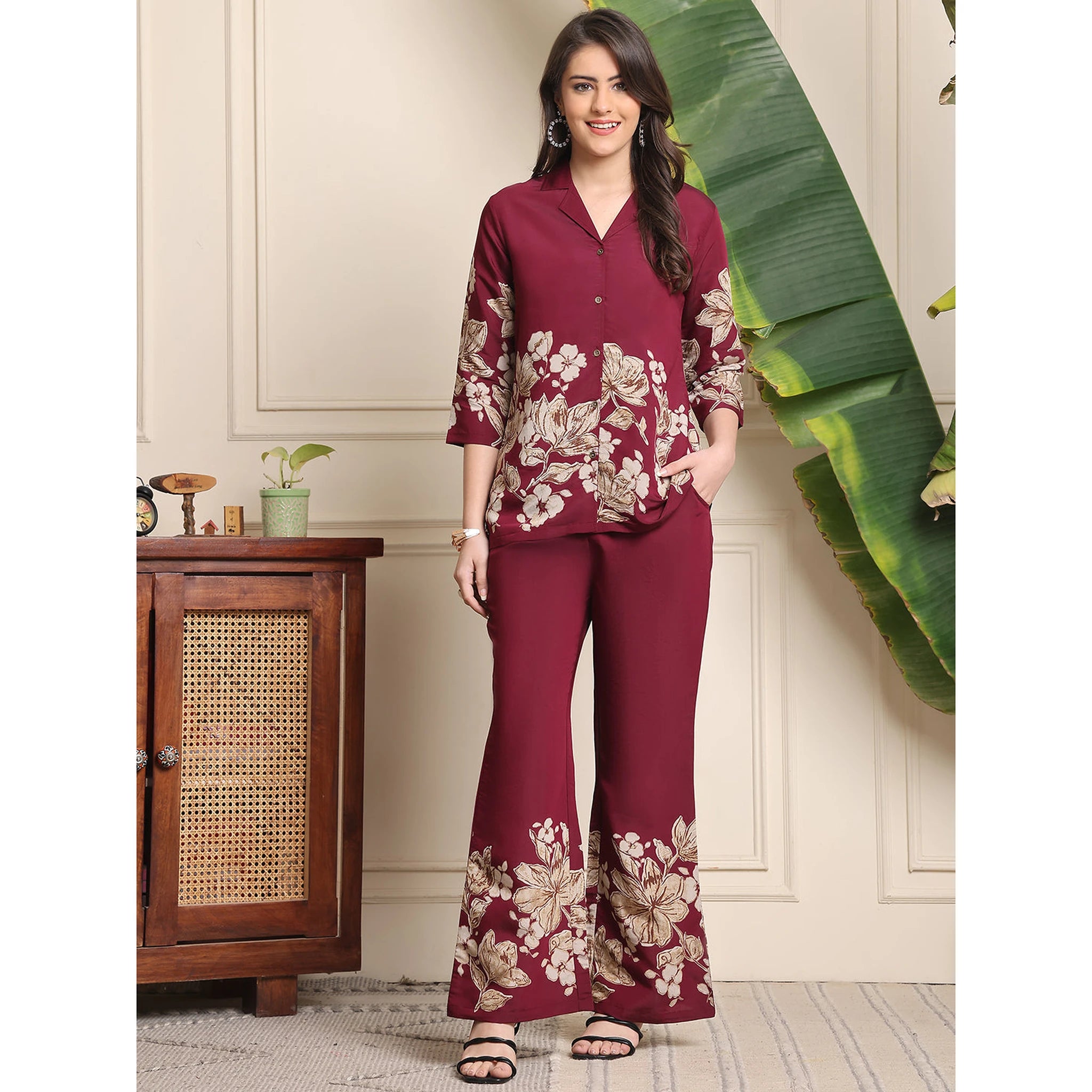 Elegant Wine Floral Co-ord Set in Soft Rayon