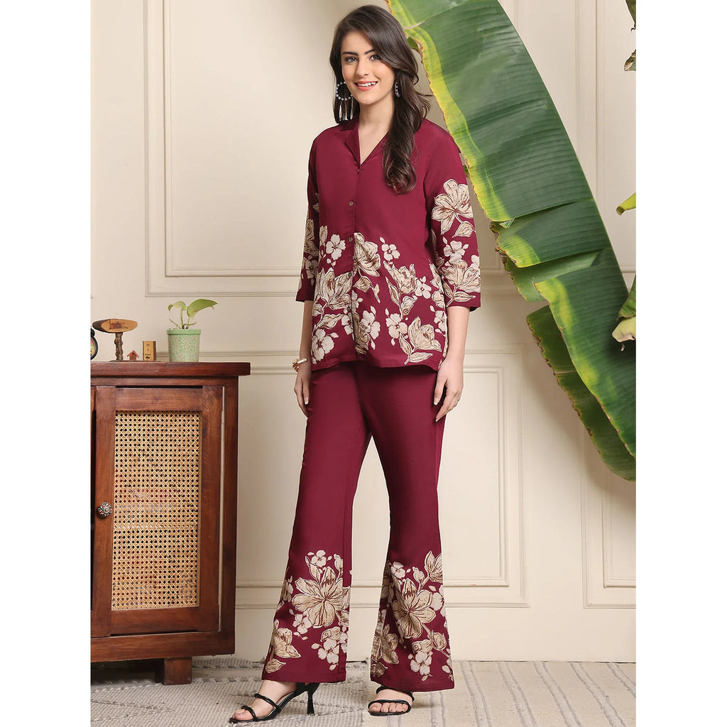 Elegant Wine Floral Co-ord Set in Soft Rayon