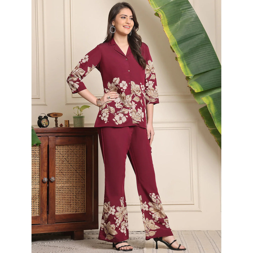 Elegant Wine Floral Co-ord Set in Soft Rayon